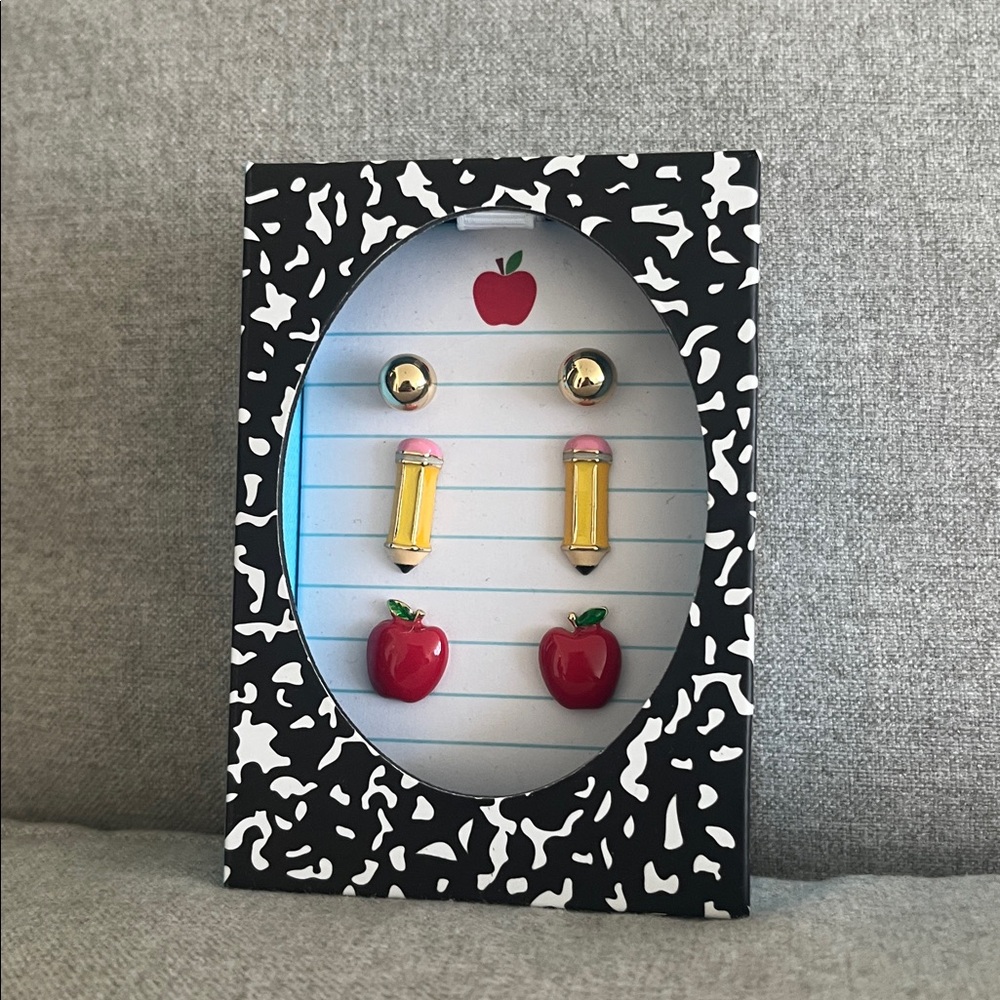 Cute Apple and Pencil, gold balls, pierced Earring Set, Nickel Free